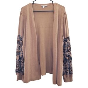 Chico's Camel Cardigan with Black Embroidered Sleeves